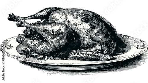 Black and white illustration of roasted poultry on an ornate platter, from a vintage art style
