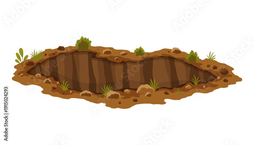 Hole ground. Works digging of sand coal waste rock or gravel. Brown, dry mine element of landscape. Cartoon illustration