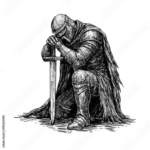 Принти на полотні Fallen Knight Praying — Black and White Engraving Style Medieval Illustration