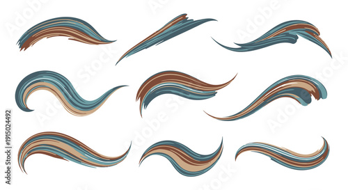 Set of nine colorful, wavy, striped vector swirls in blue, orange, and brown hues, isolated on transparent background