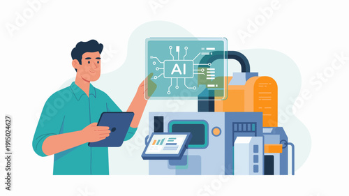 Engineer monitoring AI powered industrial control system with tablet in smart factory, Artificial intelligence and automation technology concept.