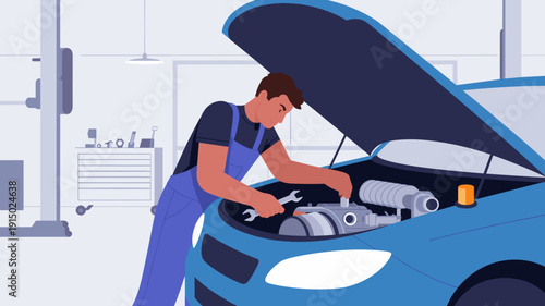 Auto mechanic repairing car engine under open hood in workshop garage, Vehicle maintenance and automotive service concept.