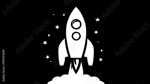 A white rocket blasting off into space from a cloud of smoke, surrounded by stars and dots