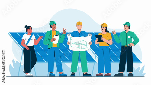 Diverse construction workers discussing solar panel project with architectural plans and tablet, Sustainable energy development and renewable infrastructure concept.