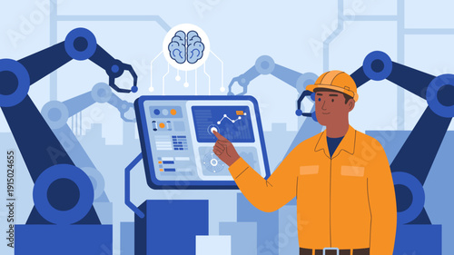 Industrial engineer monitoring robotic arms with artificial intelligence interface in smart factory, Automation control and machine learning technology concept.