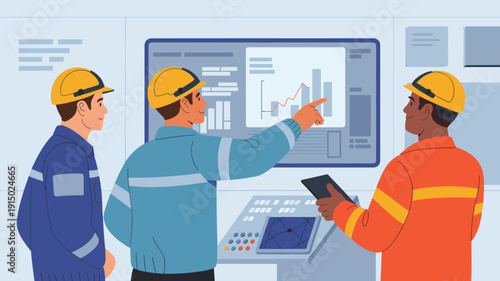 Industrial engineers wearing hard hats analyzing production data on control panel screen, Manufacturing performance monitoring and factory management concept.