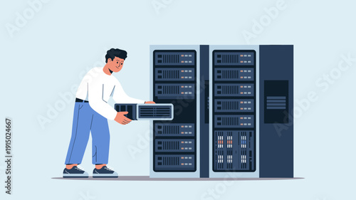 IT technician installing server hardware in data center rack cabinet, Network maintenance and cloud computing infrastructure concept.