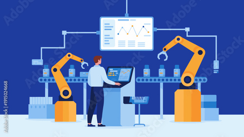 Factory worker operating robotic arms on automated production line with digital control panel, Smart manufacturing and industry automation concept