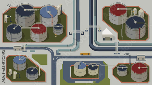Oil refinery storage tanks and pipeline network top view, Industrial petroleum plant and fuel distribution infrastructure concept.