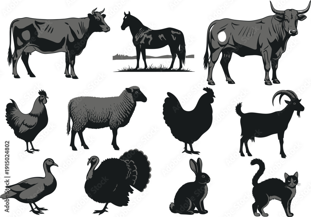 Fototapeta premium Farm animals illustrated in grayscale, featuring cows, horses, bulls, chickens, sheep, goats, ducks, rabbits, turkeys, and cats in various poses.