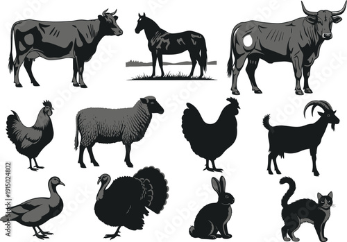 Farm animals illustrated in grayscale, featuring cows, horses, bulls, chickens, sheep, goats, ducks, rabbits, turkeys, and cats in various poses.