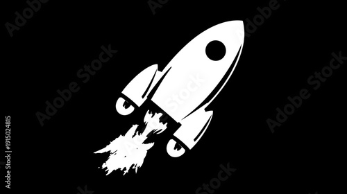 A white rocket blasting off on a black background, with smoke