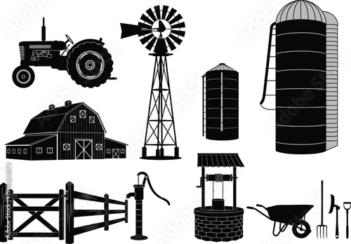 Collection of farm silhouettes including a tractor, windmill, barn, silos, fence, well, water pump, wheelbarrow, and gardening tools for rural themes.