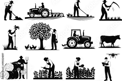 Farmers in silhouette engaged in various agricultural activities: plowing, harvesting wheat, tending crops, and using modern drone technology.