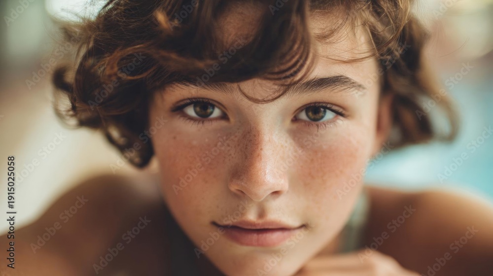 Naklejka premium Close-up portrait of a young boy's face. he has curly brown hair and blue eyes. his face is turned slightly to the side, and he is looking directly at the camera with a serious expression.