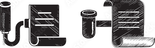 A monochrome illustration depicts legal tools a quill books and rolled scrolls high quality