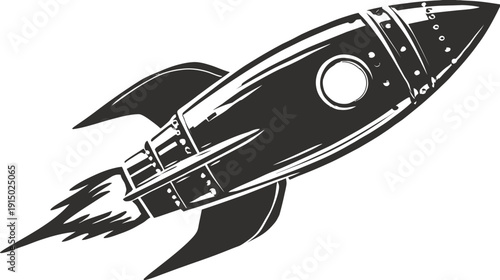 A grayscale illustration depicts a vintage rocket ship angled upwards against a white backdrop