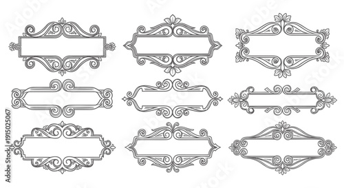 Set of eight ornate vintage label designs with intricate scrollwork and floral patterns in gray on transparent background