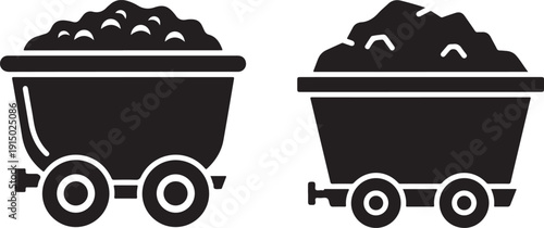 Two black silhouettes of mining carts filled with coal or ore shown side by side