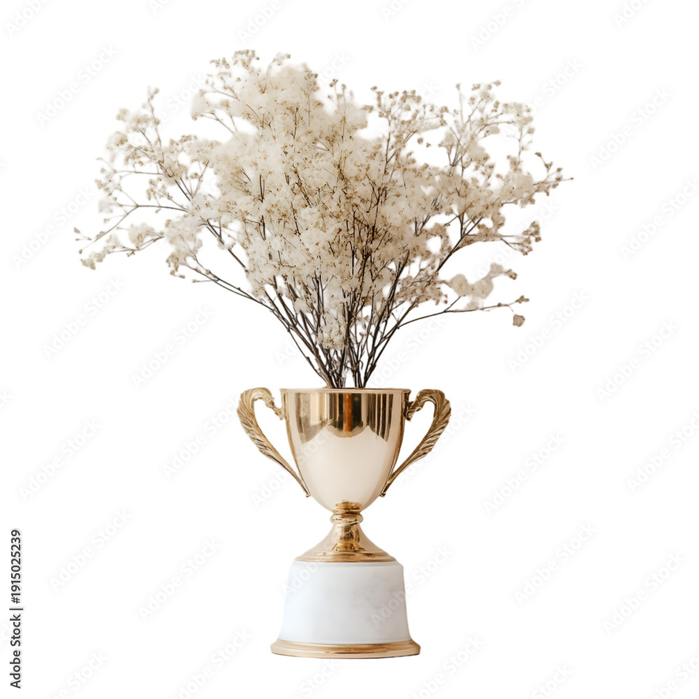 Fototapeta premium Gold trophy cup filled with white flowers on transparent background