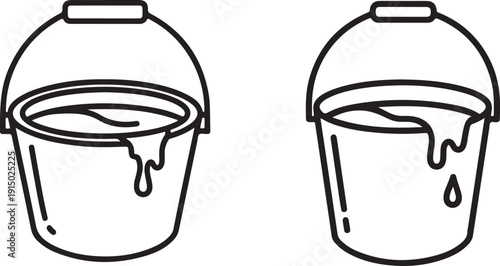 Two black and white line art illustrations depict buckets one full and one with dripping contents