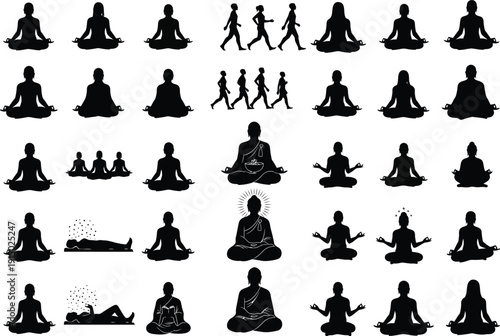 Diverse Group Meditations and Walking Figures: A collection of silhouettes illustrating individuals and groups practicing meditation and mindfulness.