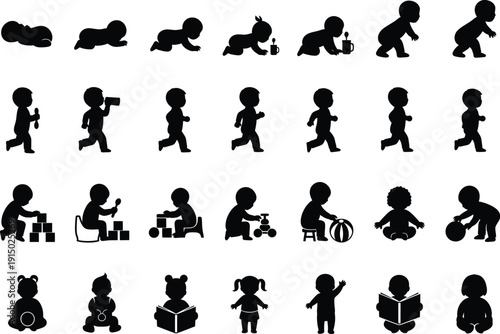 Baby Development Milestones: Illustrations showing a baby's growth from birth through crawling, walking, and early childhood activities.