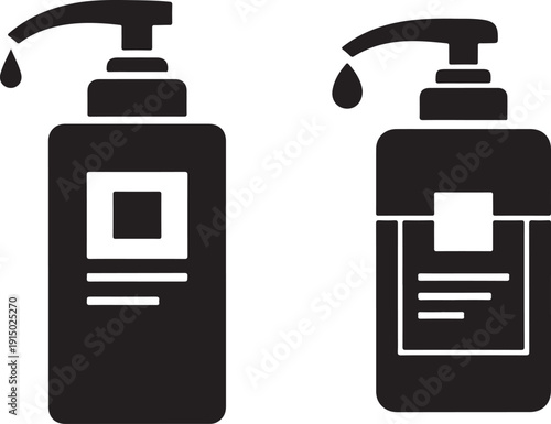Two black silhouette icons depicting pump bottles with liquid droplets showcasing hygiene products