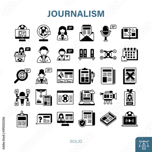 Journalism Solid Icon Set Vector. news, media, reporting, broadcasting, publishing, journalist,