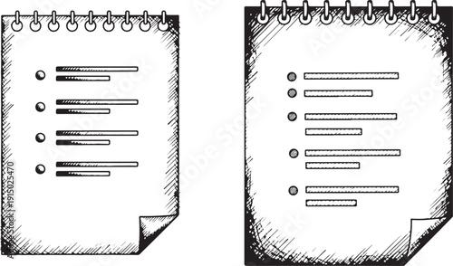 Sketch of two open spiral notebooks with lined pages displaying lists and notes