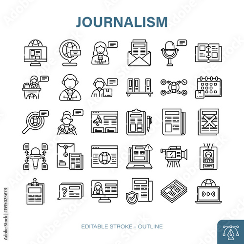 Journalism Icons Set Outline Style. news, media, reporting, broadcasting, publishing, journalist,