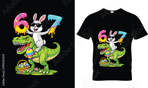 67 Funny Easter T-Shirt Design | Cool bunny riding dinosaur holding eggs cartoon tshirt vector illustration logo for kids and teens apparel, bold colorful typography Easter holiday graphic t-shirt