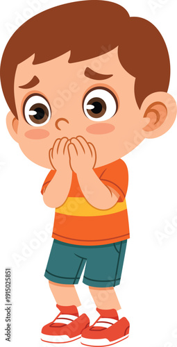 Flat cartoon boy covering his face with blushing cheeks showing an embarrassed expression. Great for emotion charts, kids posters, stickers, and educational materials.