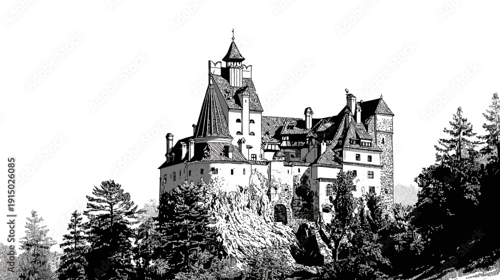 Obraz premium A stark black and white illustration of a castle perched atop a rocky cliff face, surrounded by trees