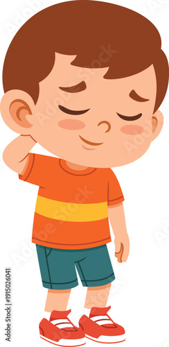 Flat cartoon boy scratching his head with an awkward smile showing an embarrassed expression. Ideal for emotion charts, kids education materials, posters, and sticker design.