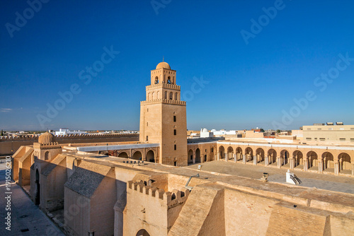 The panoramic view of fortress-like Great Mosque aka the Mosque of Sidi-Uqba and its minaret (built 9th century) are listed as UNESCO World Heritage. Kairouan, Tunisia