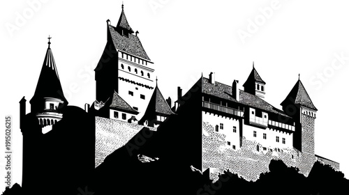 A black and white architectural illustration of a European castle with multiple turrets