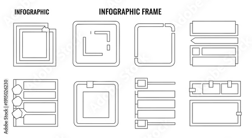 Set of eight wireframe infographic templates with frames and borders for graphic design isolated on transparent background