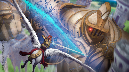 Cuadro en lienzo A female knight riding a pegasus flies into battle with a giant golem that is destroying the kingdom