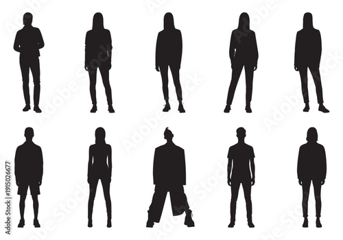 Ten human silhouettes standing against people male female