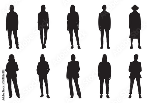 Ten silhouettes of people in various casual and formal attire standing women