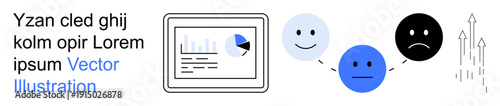 Emotional trends, business analytics, mood tracking, data visualization, growth potential, user insights. Chart screen, happy neutral sad faces and growth arrows. Emotional trends and data