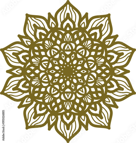Detailed gold leaf mandala with symmetrical floral petals and circular geometric layers for wellness projects,
