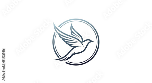 Professional minimalist logo featuring a graceful bird in flight enclosed within a sleek double-circular frame. This elegant line-art illustration uses a sophisticated navy-to-silver gradient.