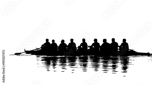 Silhouetted rowers on water. Reflections in ripples. Clear sky background. Teamwork portrayed