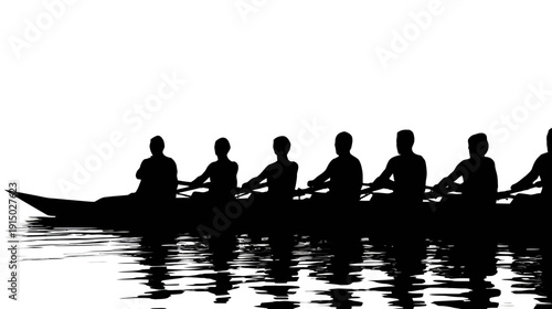 Silhouetted rowers in a long boat are reflected on the water's surface, all in black against white