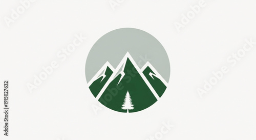 A minimalist circular logo design featuring a stylized green pine tree centered in front of a gray mountain range with white snow-capped peaks. This clean, flat graphic symbolizes nature, adventure.