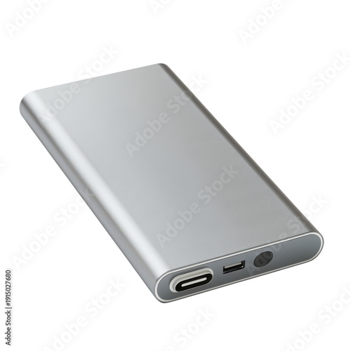 A minimalist silver power bank with unique rounded ports on transparent background