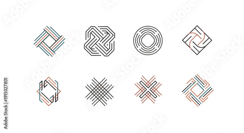Minimalist collection of 8 linear monogram logos featuring symmetrical geometric patterns and thin-line art. These modern icons utilize overlapping parallel lines in black, blue, and coral tones .