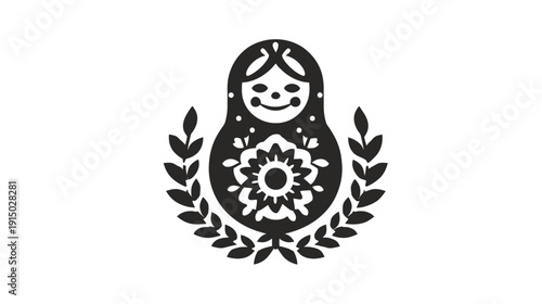A silhouette of a babushka doll, floral center, surrounded by laurel wreath